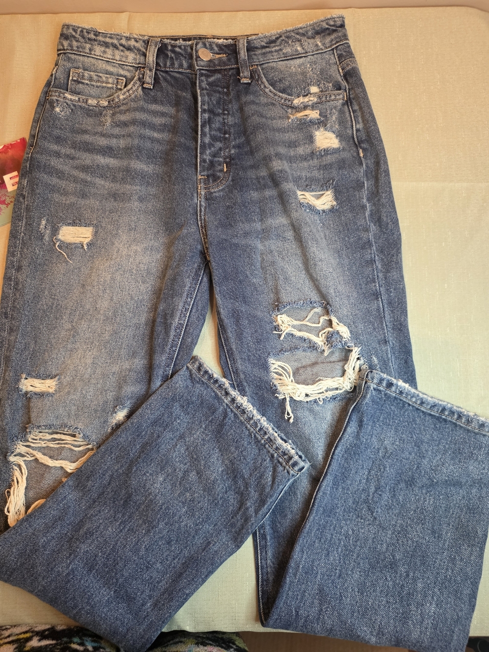 Flying Monkey Distressed Denim Boyfriend Jeans - Medium Blue